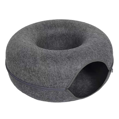 Dark gray round cat tunnel bed with donut nest design, cozy felt sleeping cushion, cat house, and scratcher for kittens