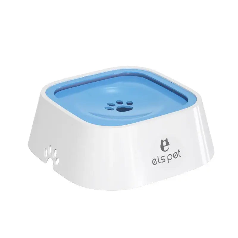 Blue no-spill dog water bowl with large-capacity splash-proof plastic design for dogs, white base, universal pet feeder