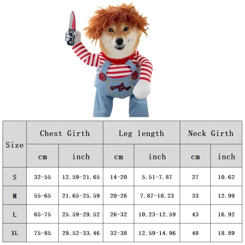 Funny dog costume with red striped shirt, wig, and toy knife, size chart for chest, legs, neck