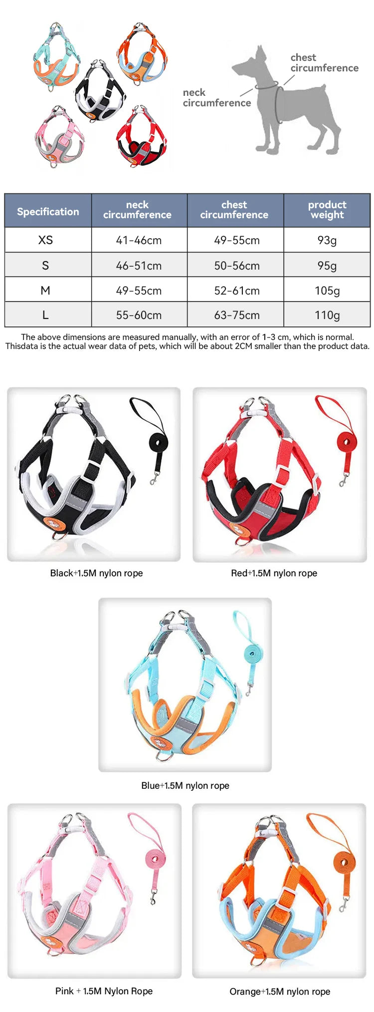 adjustable reflective dog vest harness for small and medium dogs, colorful nylon rope vest harness with size chart