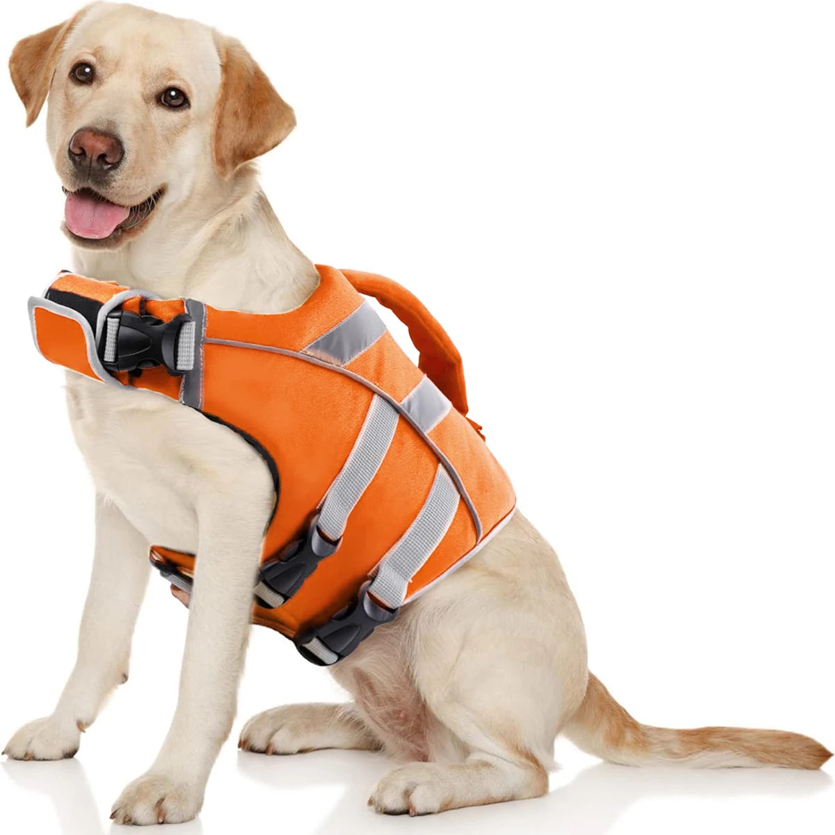 Orange waterproof dog life jacket for dogs with reflective stripes and extra stick, premium polyester safety vest