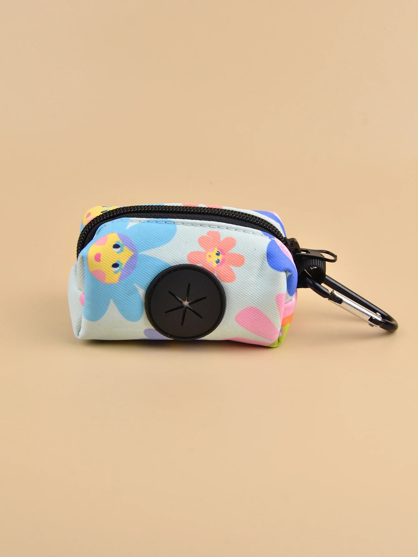 cute dog poop bag holder, TAIYANGHUA floral design, size L, black zipper and clip-on leash attachment