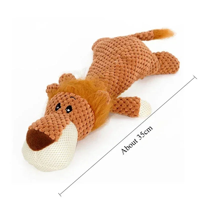 Plush lion dog toy, textured fabric, about 35cm long, soft chewable pet toy