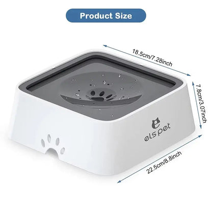 no-spill dog water bowl product size view with splash-proof design, 22.5cm x 18.5cm x 7.8cm