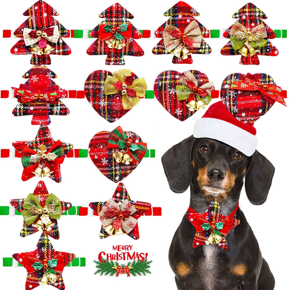 christmas dog bowties with bell adjustable plaid pet collars in red, green, and gold for dogs and cats