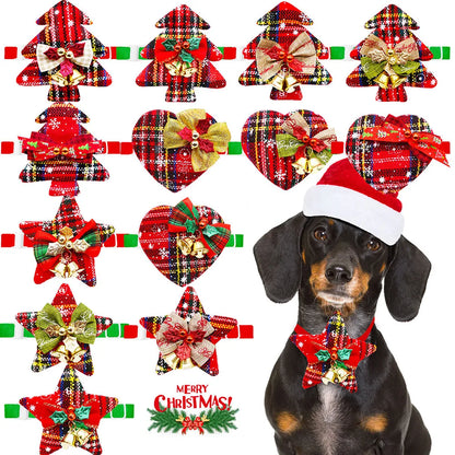 christmas dog bowties with bell adjustable plaid pet collars in red, green, and gold for dogs and cats