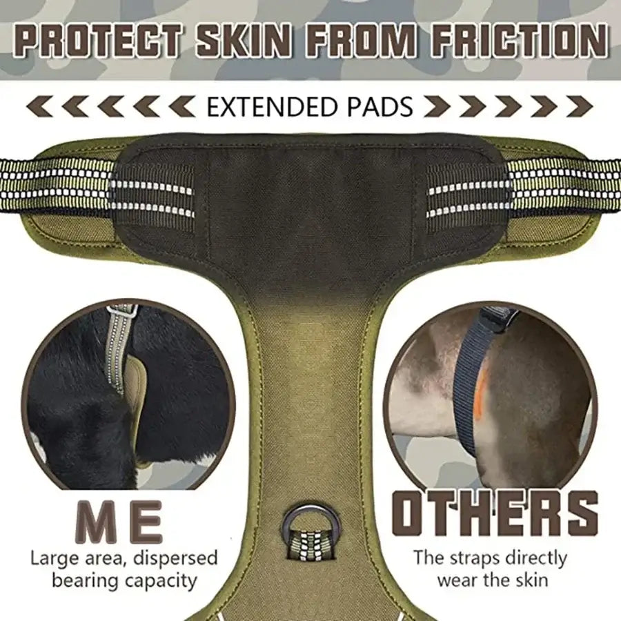 Military tactical dog harness with extended padded design, reflective straps, and no-pull control handle for large dogs