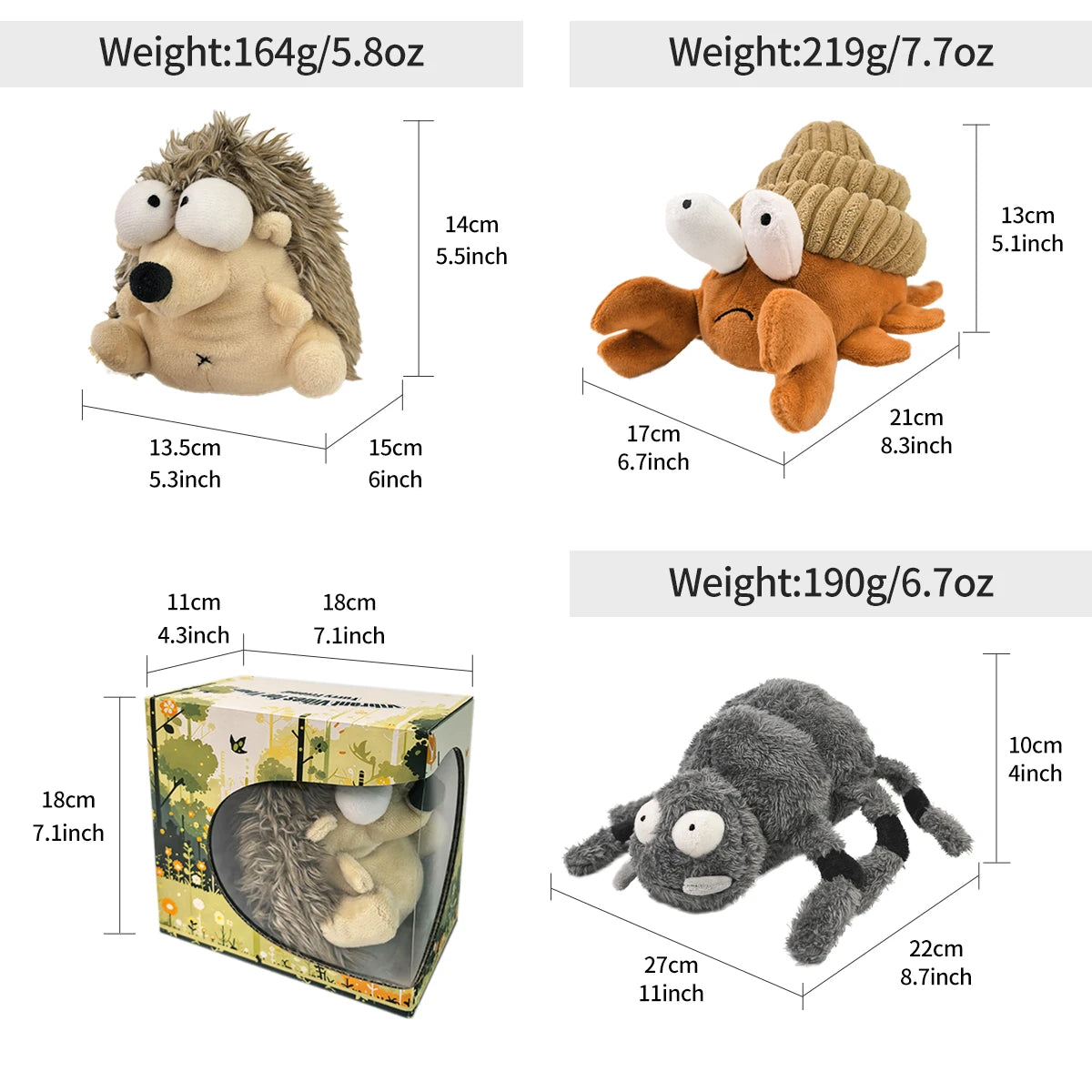 Plush dog toys set with hedgehog, crab, spider shapes and packaging, product sizes shown.