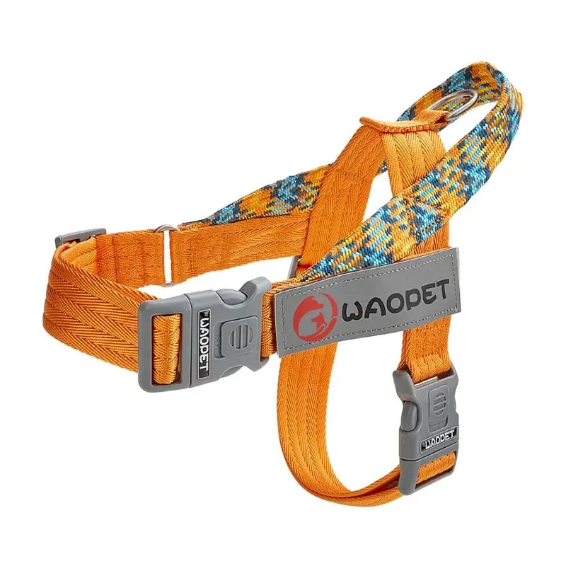 Power orange no pull dog harness with reflective WAOPET buckle design for medium large dogs, durable nylon