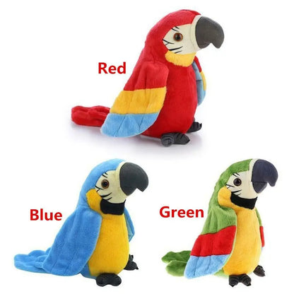 talking parrot toy plush in red blue and green, soft stuffed bird gift for kids and parrot lovers
