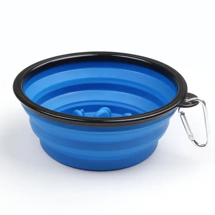 Blue foldable slow feeder bowl for dogs and cats, portable anti-choking TPE bowl with carabiner for travel