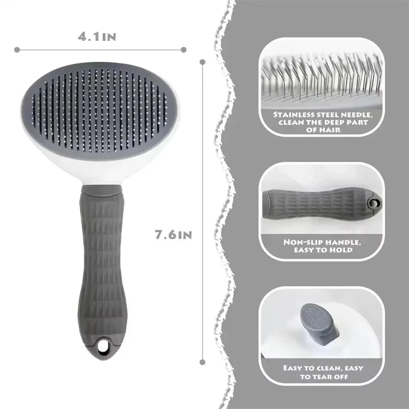 Gray pet grooming brush with stainless steel needles, non-slip handle, and easy-clean design