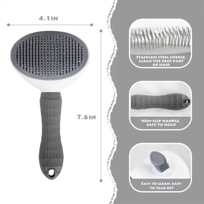 Gray pet grooming brush with stainless steel needles, non-slip handle, and easy-clean design