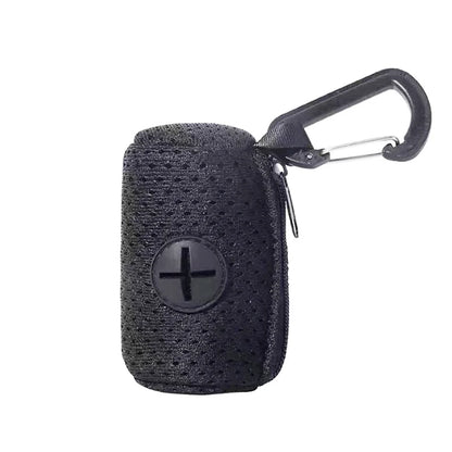 double dog leash coupler with black poop bag holder and carabiner clip for walking two dogs
