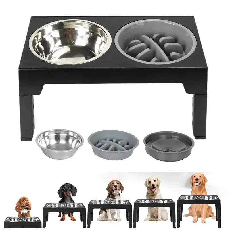 adjustable elevated dog feeder with slow food bowl and water bowl for large and medium dogs