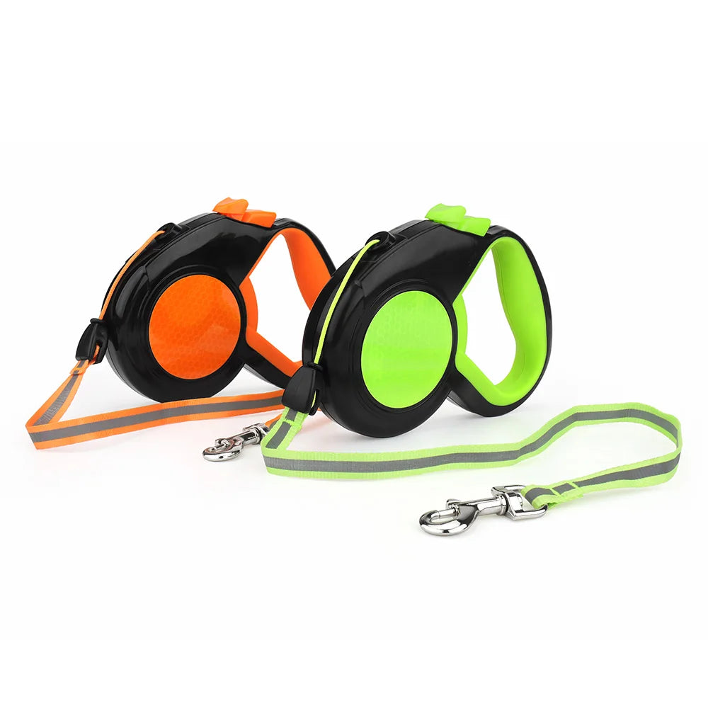 Reflective retractable dog leash in orange and green, automatic extending pet leash for safe walking and control