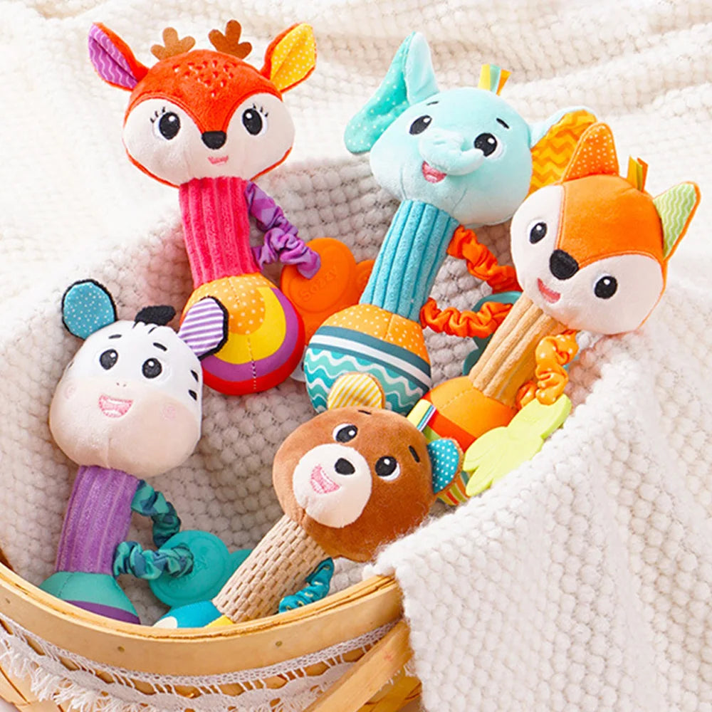 soft baby rattle toy plush animal hand grip rattles for newborn sensory play, colorful baby gift set