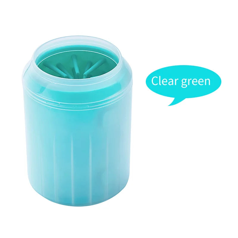 Clear green pet paw cleaner brush with soft silicone bristles and portable plastic cup design for dog paw cleaning