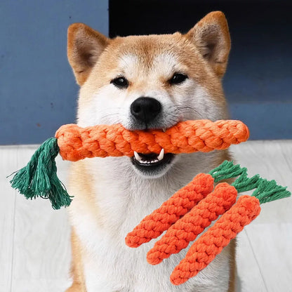 Shiba Inu biting durable cotton rope dog chew toy, braided carrot dog toy for teeth cleaning and chewing