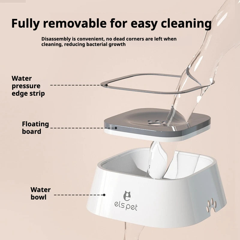 Exploded view of a removable dog water bowl with labeled parts for easy cleaning