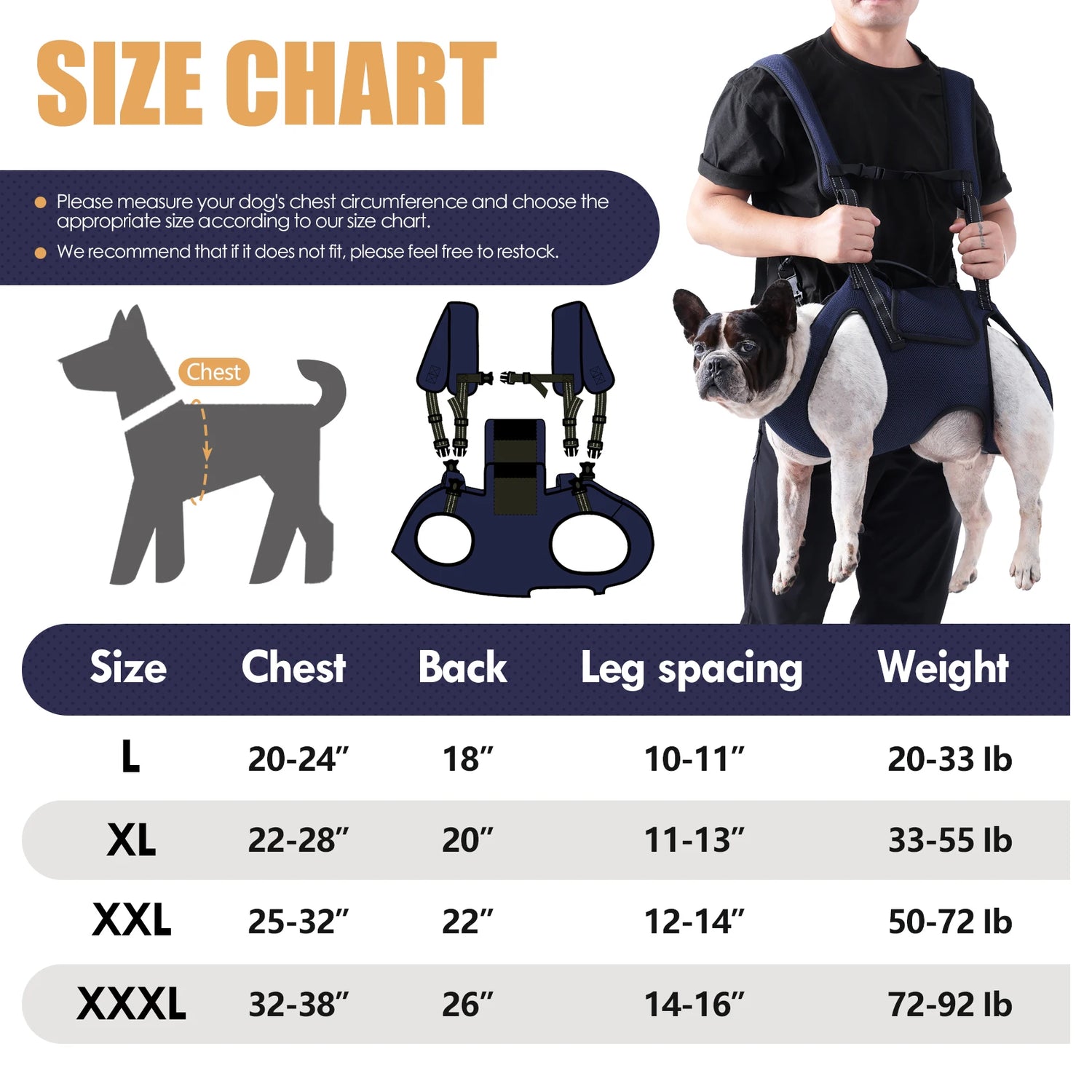 Dog backpack carrier size chart for medium large dogs with chest, back, leg spacing, and weight guide