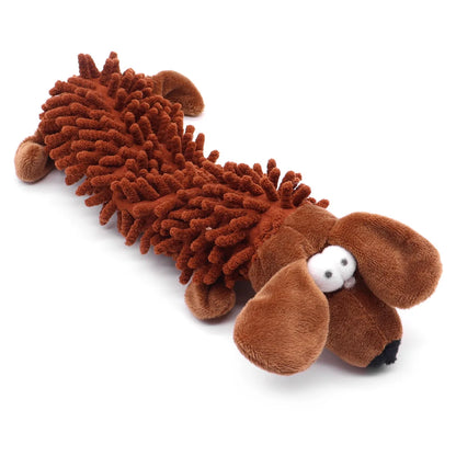 Brown squeaky plush dog chew toy mop fur dog toy with plush ears for puppy teeth grinding and interactive training