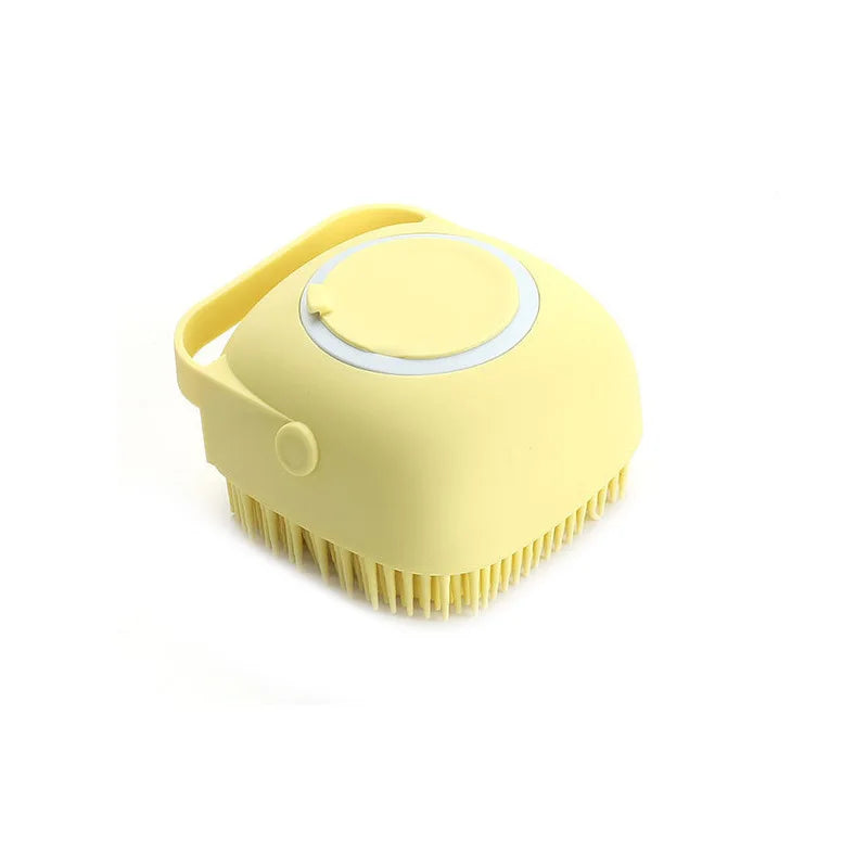 Yellow silicone pet bathing brush with soft bristles for dog and cat grooming, cleaning, and shower massage