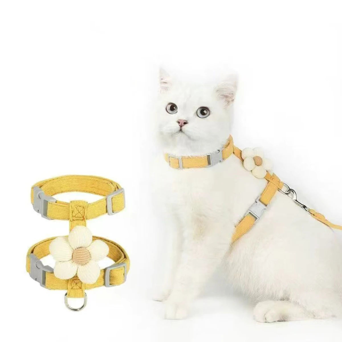 adjustable small dog harness leash set for cat and puppy, breathable yellow pet harness with flower detail