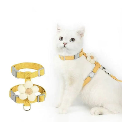 adjustable small dog harness leash set for cat and puppy, breathable yellow pet harness with flower detail