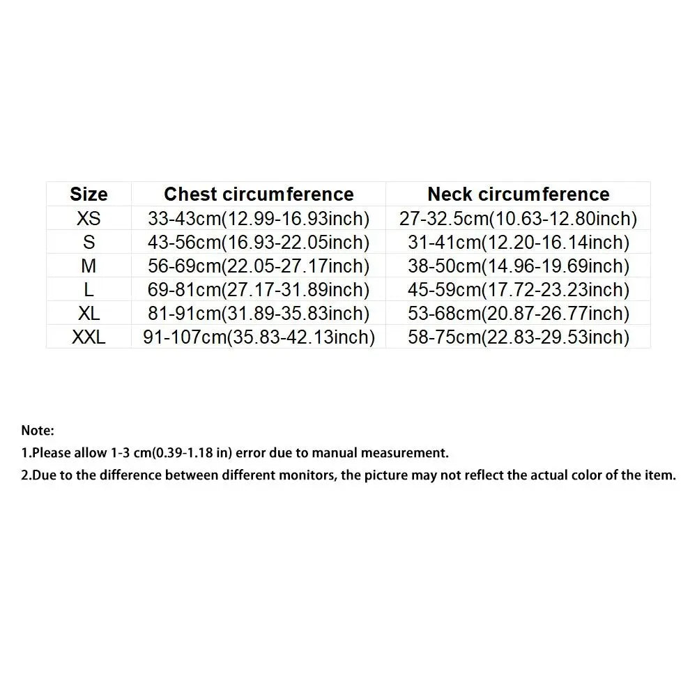 Adjustable dog life jacket size chart showing chest and neck measurements for XS to XXL