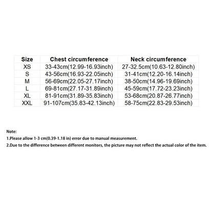 Adjustable dog life jacket size chart showing chest and neck measurements for XS to XXL