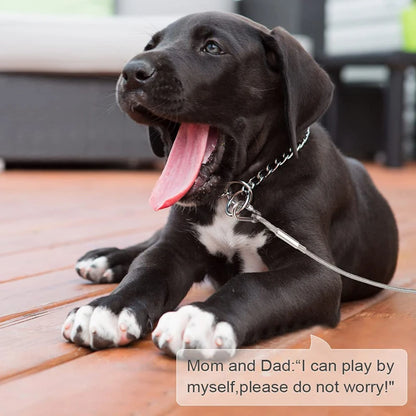 Playful black puppy yawning on wooden floor with a leash, captioned &