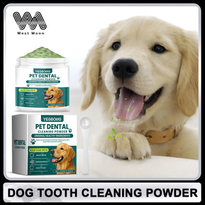 Dog dental cleaning powder with golden retriever puppy, teeth cleaning product for pets