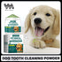 Dog dental cleaning powder with golden retriever puppy, teeth cleaning product for pets