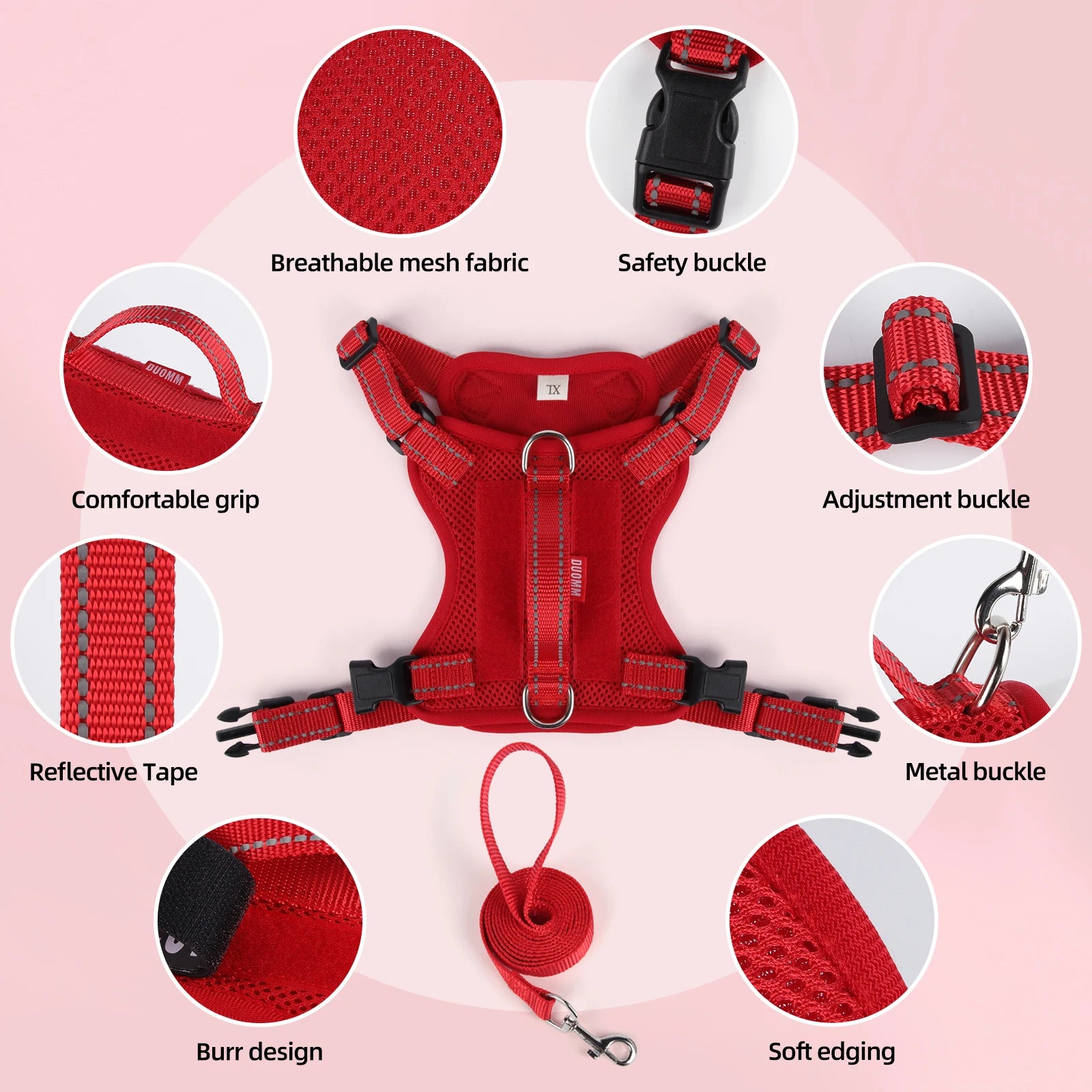 reflective dog harness and leash set red vest harness with breathable mesh, safety buckle, and metal buckle for small dogs
