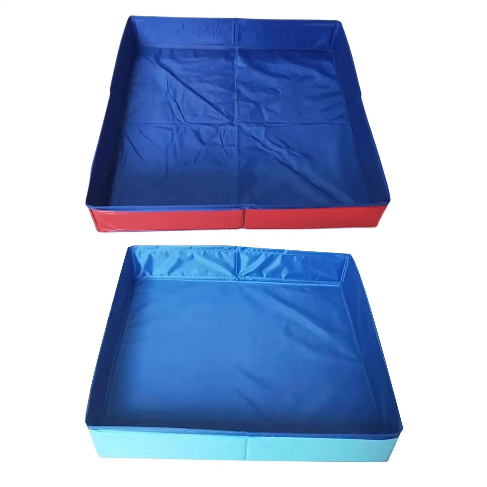 Two rectangular foldable dog pools, one with red sides and one with light blue sides