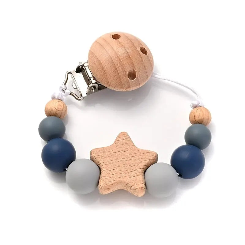 wooden pacifier clip teether Color 5 baby wood pentagram silicone bead teething chain for 0-24 months, model Y21578