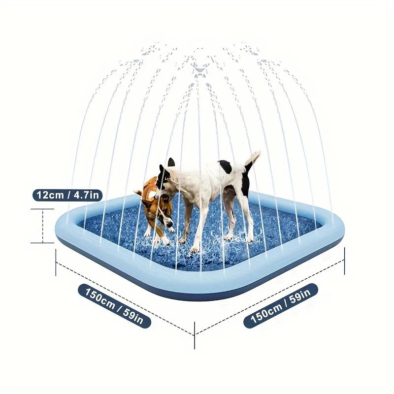 Two dogs playing in a large blue square dog splash pad with water sprinkler jets, 150cm size.