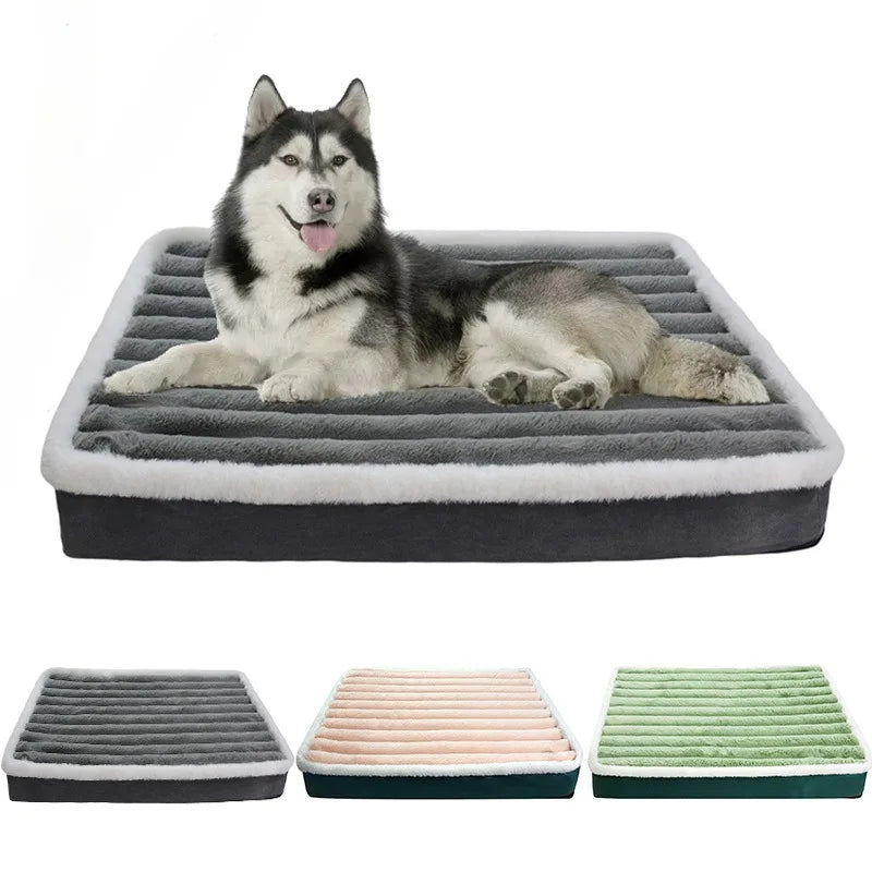 calming dog bed with memory foam, removable washable cover, non-slip bottom, and husky on gray crate mat