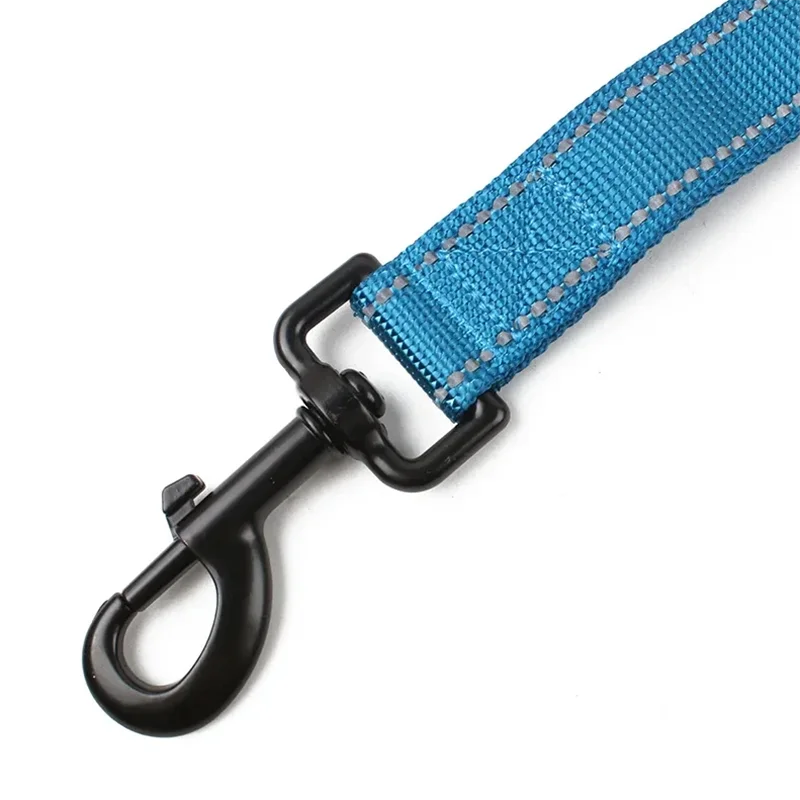 Heavy duty double handle dog leash with reflective strips, blue nylon strap and black clip for large dogs