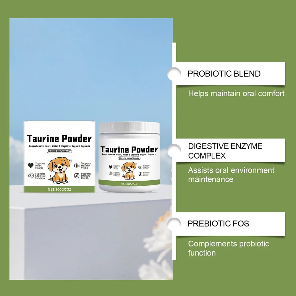 Taurine powder for dogs with probiotic blend, enzyme complex, prebiotic FOS benefits