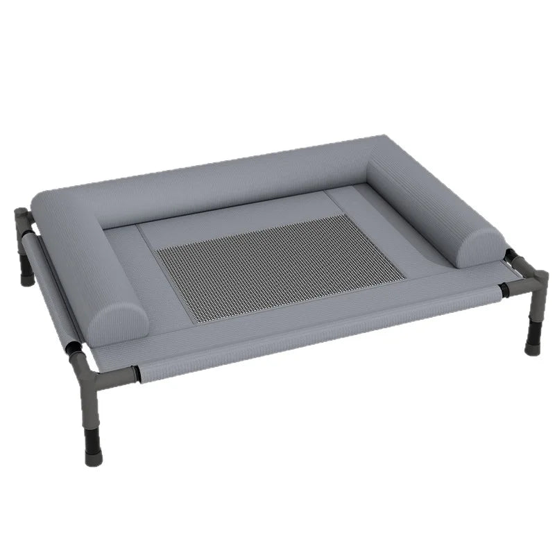 elevated cooling dog cot bed with pillow, breathable mesh, washable gray pet furniture for indoor outdoor camping