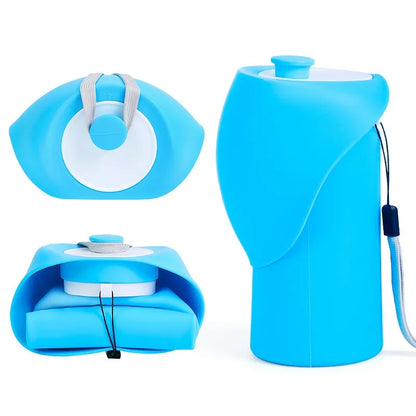 collapsible dog water bottle with drinking tray, portable leak-proof blue pet travel water dispenser for outdoor hydration