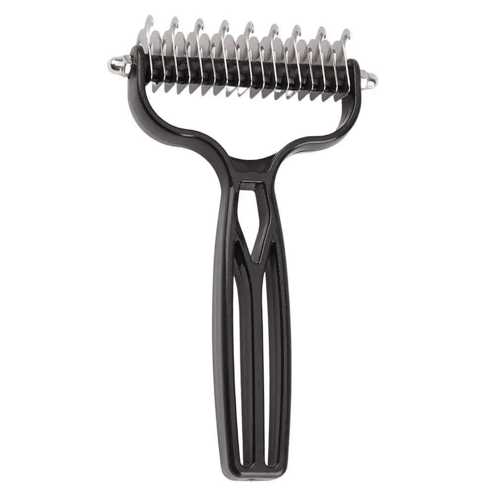 pet deshedding brush with double stainless steel blades for removing loose undercoat and detangling dog and cat fur