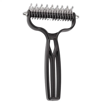 pet deshedding brush with double stainless steel blades for removing loose undercoat and detangling dog and cat fur