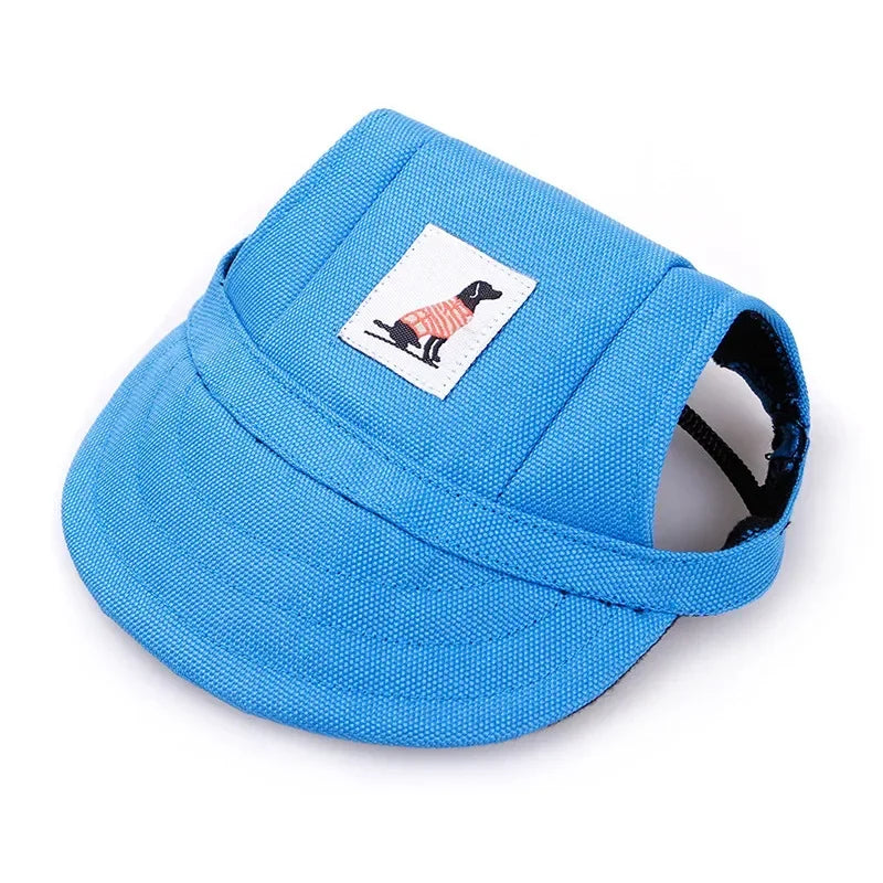 Blue dog sun hat with adjustable strap and a patch featuring a dog in a sweater