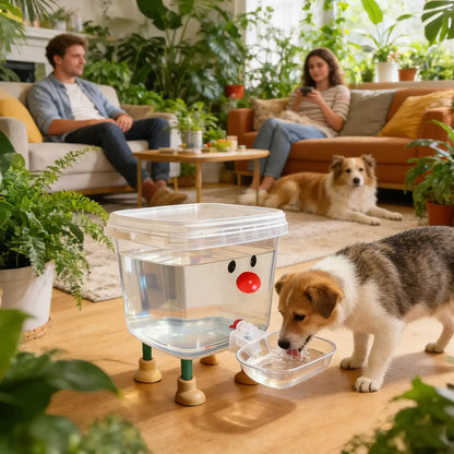 automatic pet water dispenser in a cozy living room with dogs drinking from a cartoon-style fountain bowl