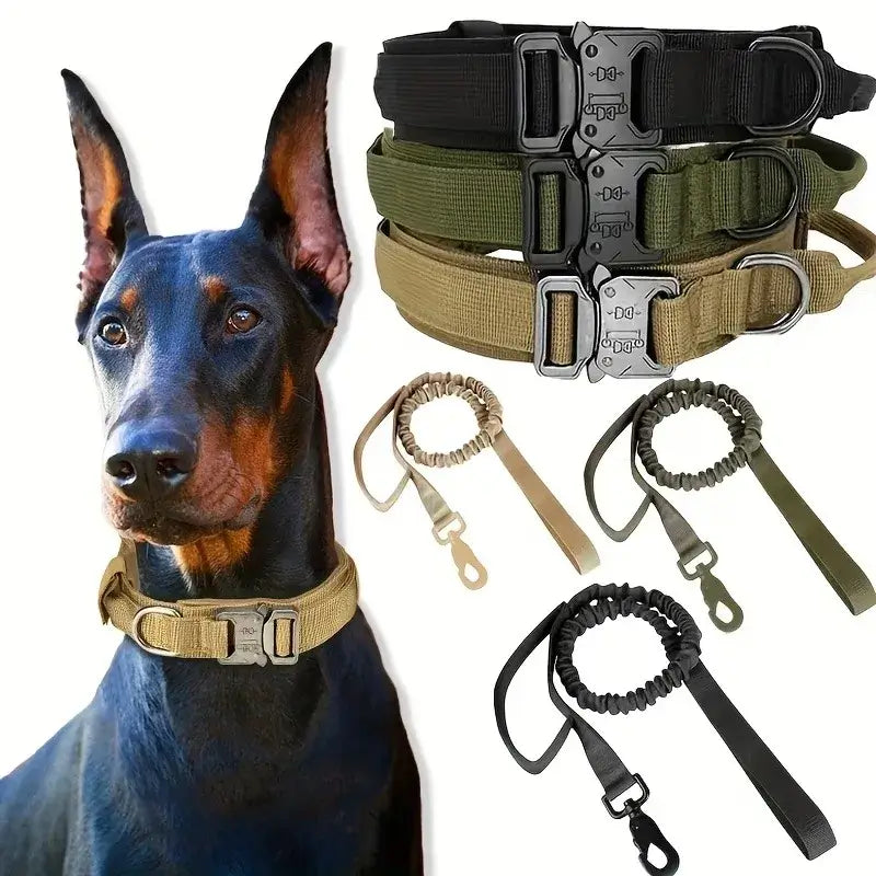 Large dog training collar and leash set with durable adjustable nylon tactical collar for comfortable safe dog training