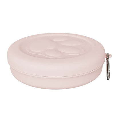 portable dog travel bowl, baby pink 2-in-1 travel dog food and water dish with treat compartment, portable outdoor pet bowl