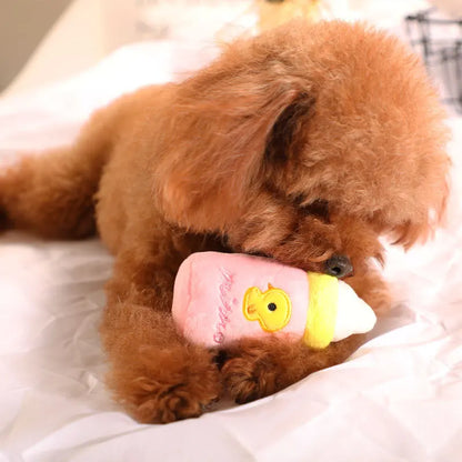 Brown puppy chewing pink plush squeaky dog chew toy for small dogs, bite resistant pet play accessory